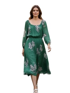 Sundance Green Floral Peasant Dress Boho Midi Maxi Elastic Waist Flowy Layered